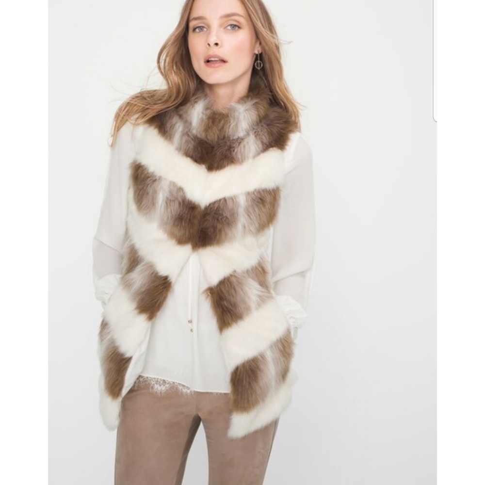 WHBM Chevron Stripe Faux Fur Vest S Brown White